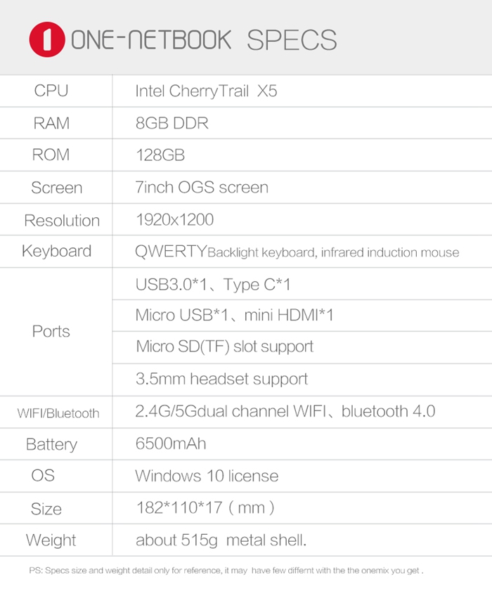 One Netbook One Mix Laptop Intel Cherry Trail x5-Z8350 Quad Core 7" IPS Screen 1920*1200 Windows 10 8GB DDR3 128GB eMMC - Silver