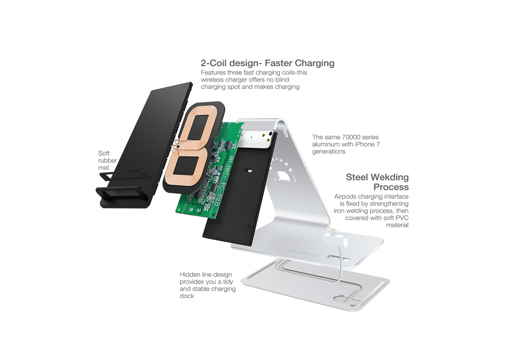 Bestand H07+ 2-in-1 iPhone Wireless Charger Stand AirPods Charger Dock Aluminum Alloy - Silver