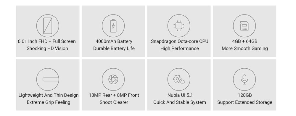 Nubia V18 6.01 Inch 4G LTE Smartphone Snapdragon 625 4GB 64GB 13.0MP Camera Nubia UI 5.1 4000mAh Face ID 18:9 FHD+ Full Screen OTG - Black