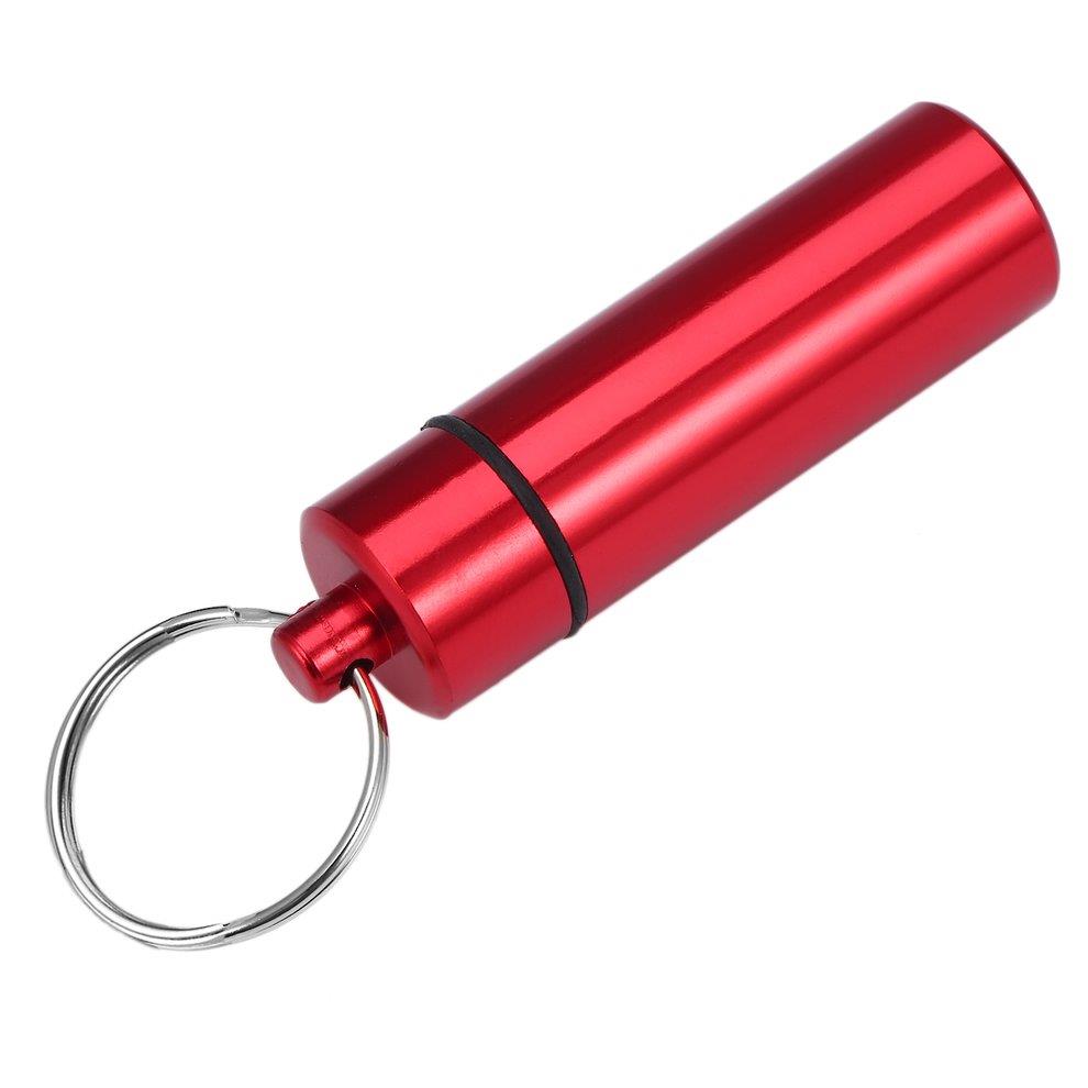 Waterproof Pill Shaped Aluminum Alloy Pill Drug Bottle Holder Container Keychain -Red