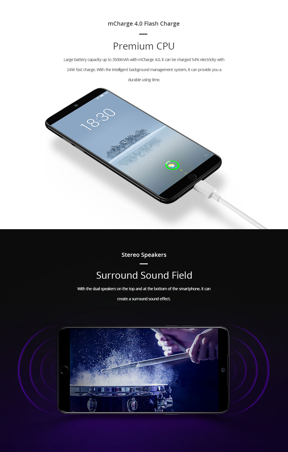 Meizu 15 Plus 5.95 Inch 4G LTE 2K Screen Smartphone Exynos 8895 6GB 64GB 20.0MP+12.0MP Dual Rear Cameras Touch ID Fast Charging Type-C OTG - Black