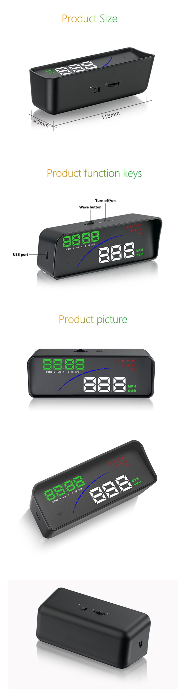 P9 3.6 Inch OBDII Car HUD Head Up Display Intelligent Digital Instrument Speedometer - Black