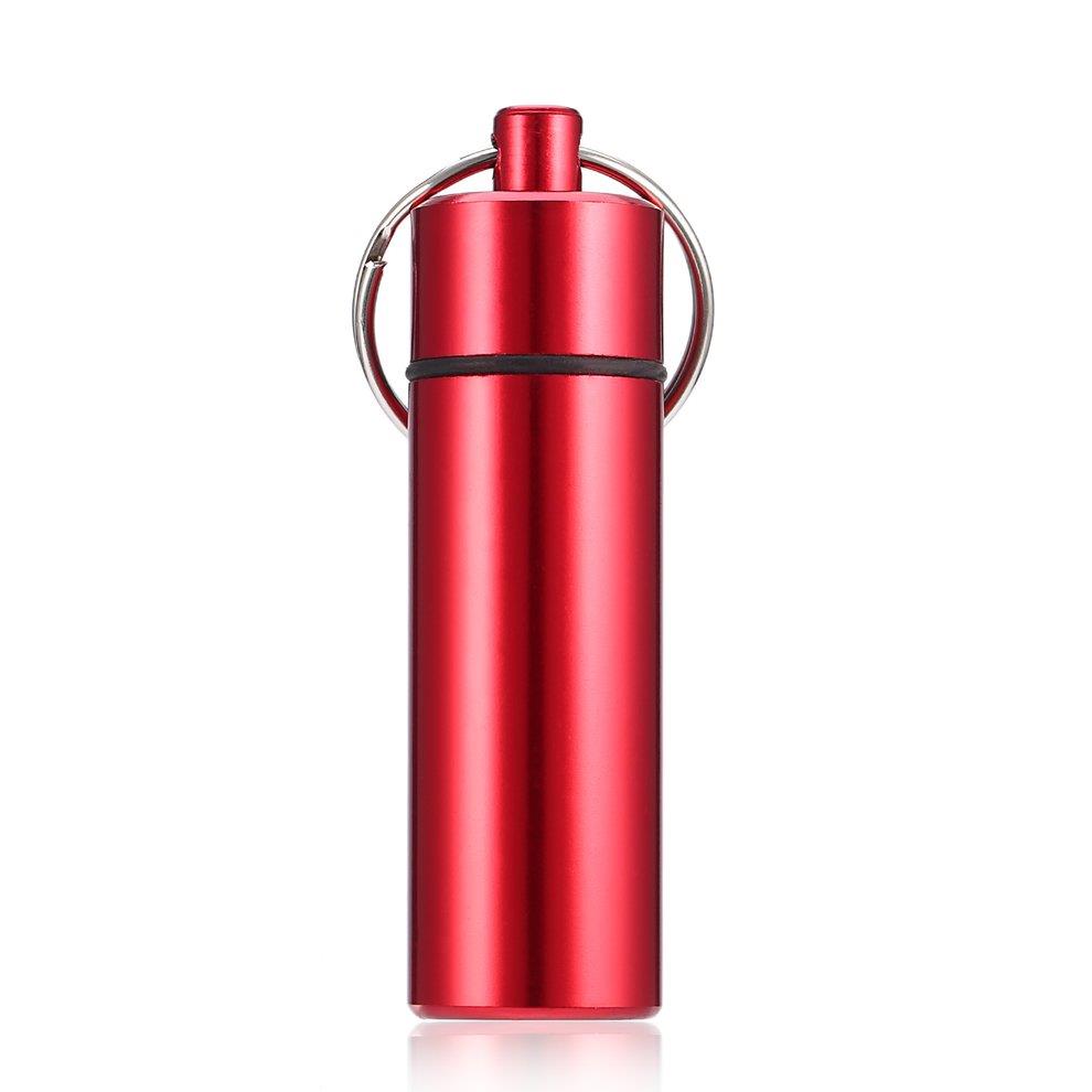 Waterproof Pill Shaped Aluminum Alloy Pill Drug Bottle Holder Container Keychain -Red