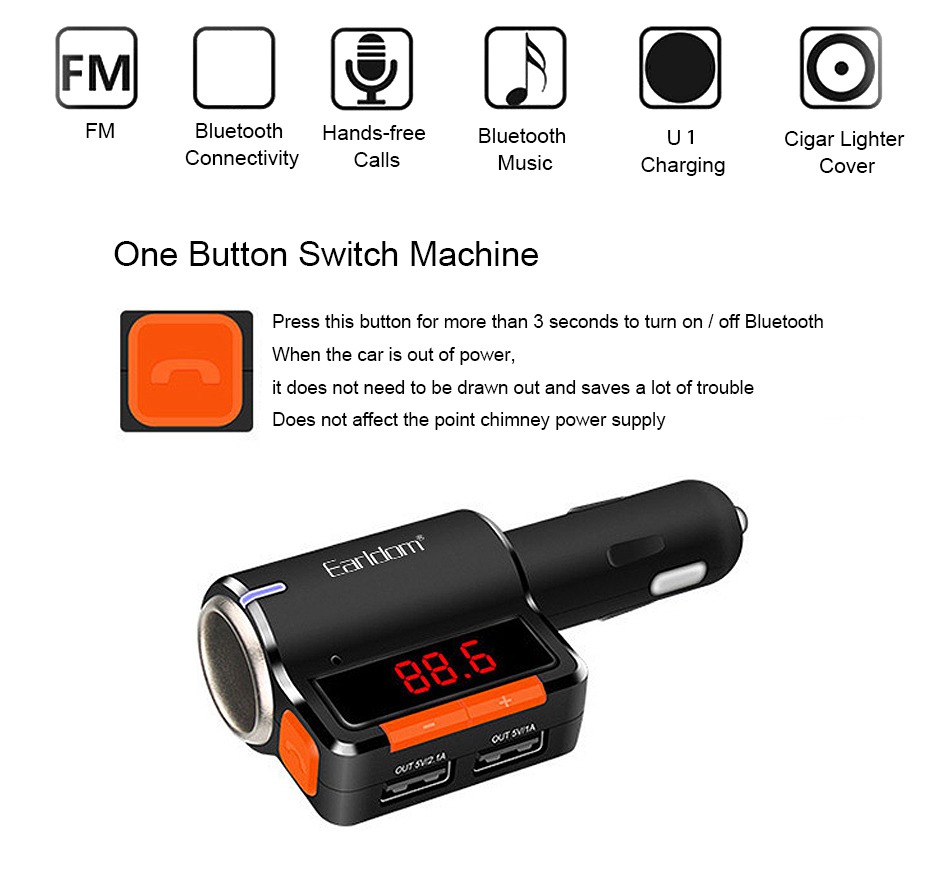 Earldom M10 Dual USB Car Charger Bluetooth Handsfree Call Car MP3 Player FM Transmitter - Black
