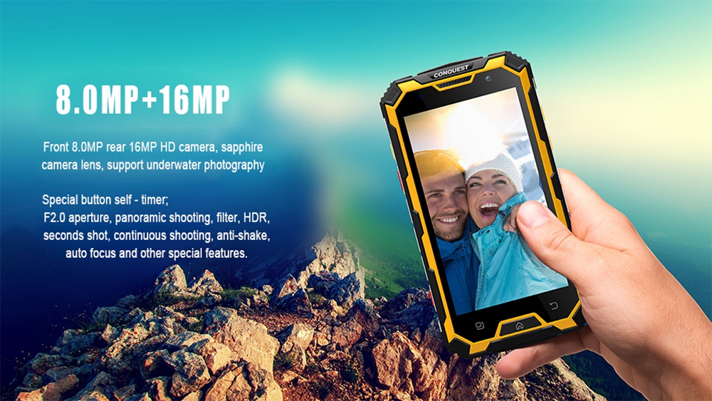Conquest S8 5.0 Inch IP68 Waterproof 4G Smartphone MTK6755 4GB 64GB 16.0MP Rear Camera Android 6.0 FHD Screen 6000mAh - Black