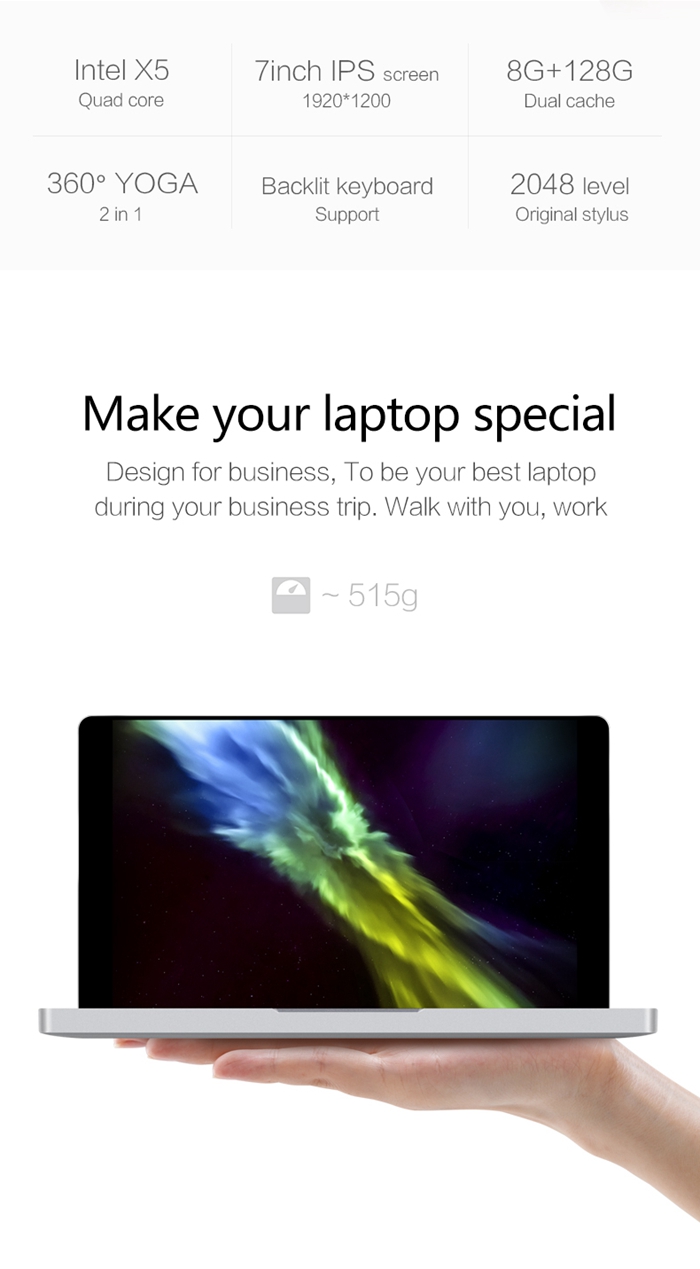 One Netbook One Mix Laptop Intel Cherry Trail x5-Z8350 Quad Core 7" IPS Screen 1920*1200 Windows 10 8GB DDR3 128GB eMMC - Silver