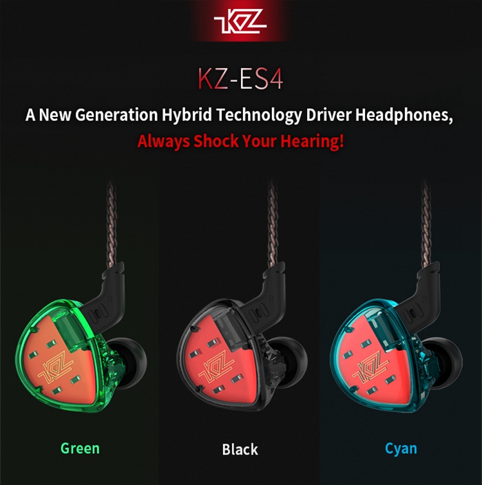 KZ ES4 HiFi Balanced Armature Dynamic Driver Hybrid Earphone Noise Cancelling Heavy Bass Headphone - Cyan