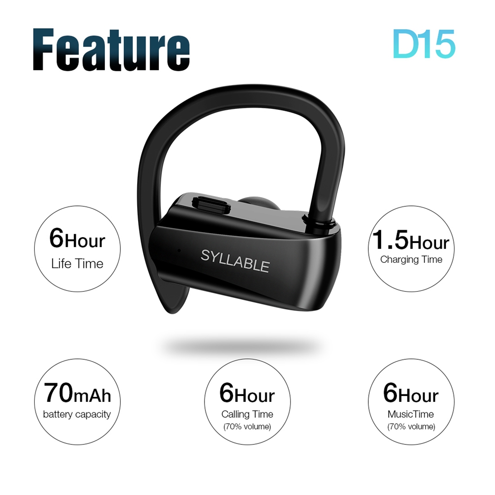 Syllable D15 Wireless Bluetooth TWS Super-aural Earphones - Black
