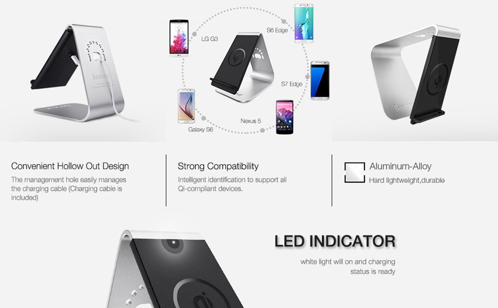 Bestand H03 Mobile Phones QI Wireless Charger Stand 2-coil Design Widely Compatible With Built USB Cable - Silver