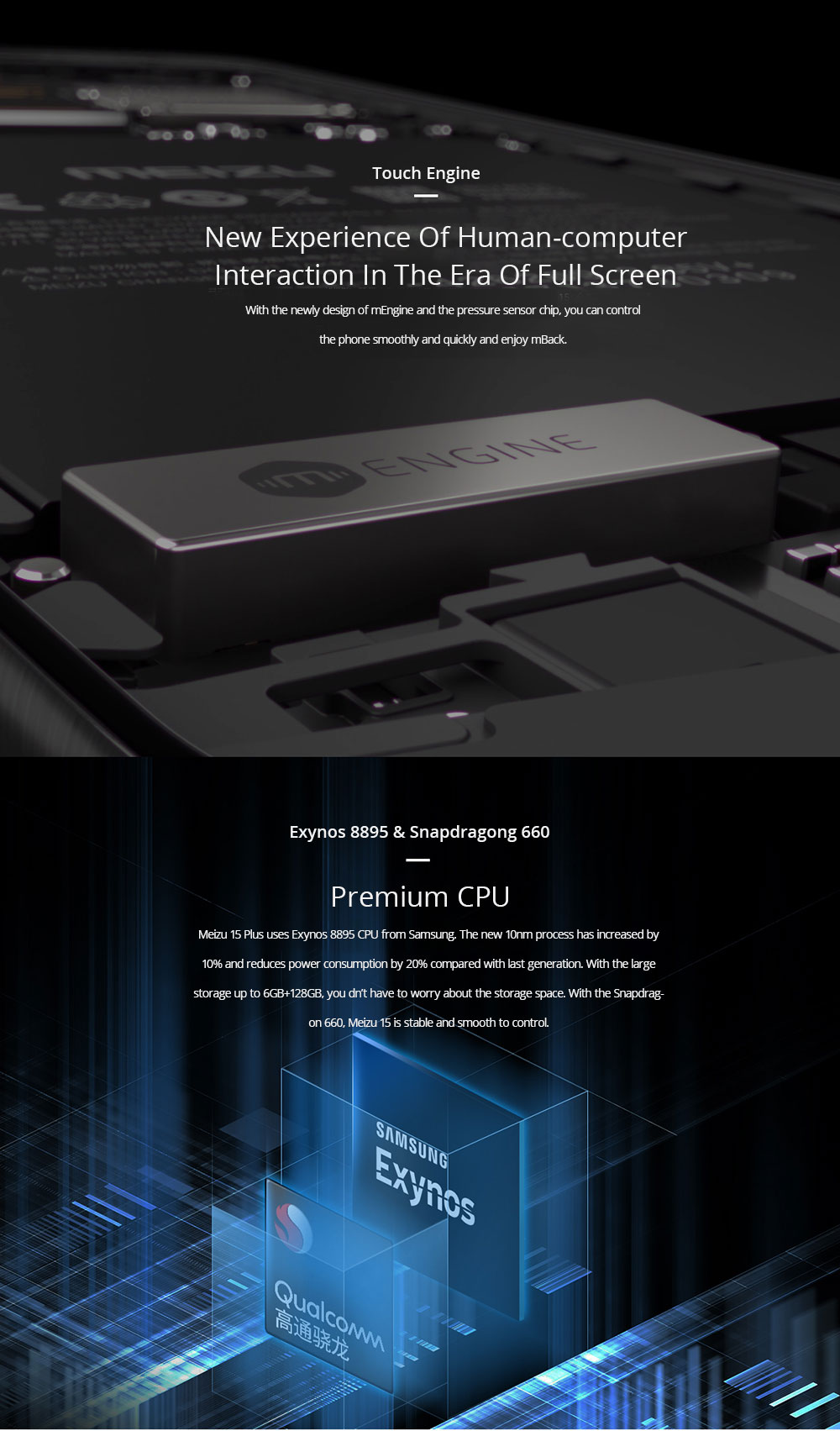 Meizu 15 Plus 5.95 Inch 4G LTE 2K Screen Smartphone Exynos 8895 6GB 64GB 20.0MP+12.0MP Dual Rear Cameras Touch ID Fast Charging Type-C OTG - Black