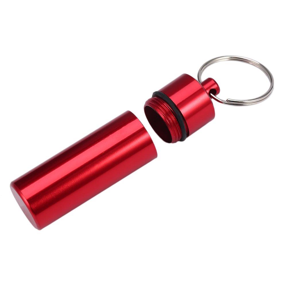 Waterproof Pill Shaped Aluminum Alloy Pill Drug Bottle Holder Container Keychain -Red