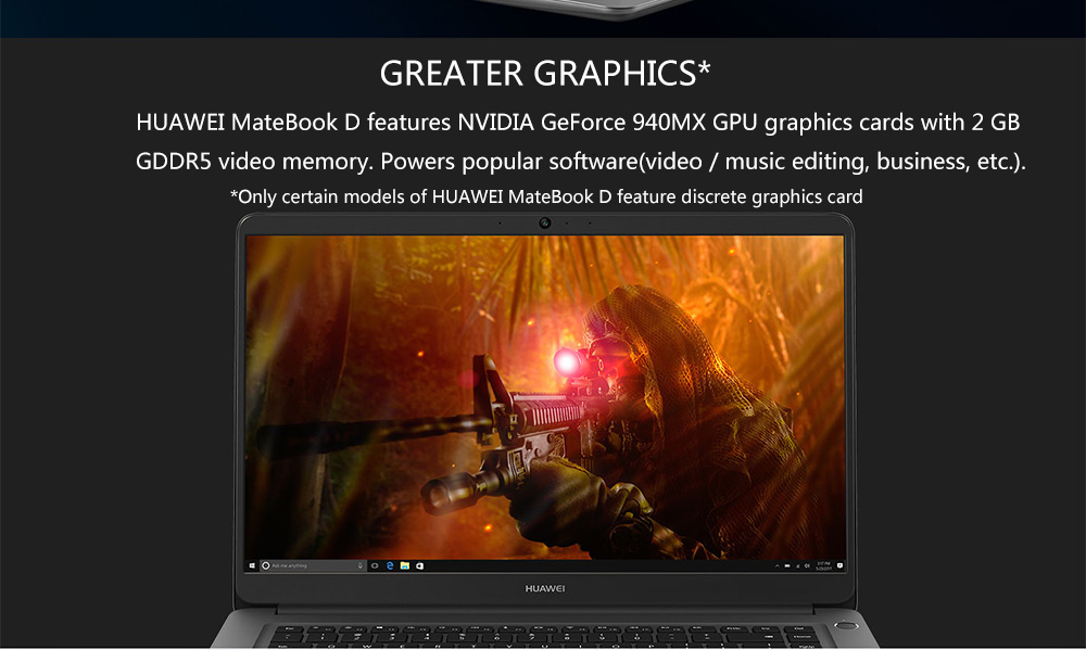 Huawei MateBook D Laptop Intel Core i5-8250U Quad Core GeForce MX150 2GB DDR5 15.6" 1920*1080 Windows 10 8GB RAM 256GB SSD - Black