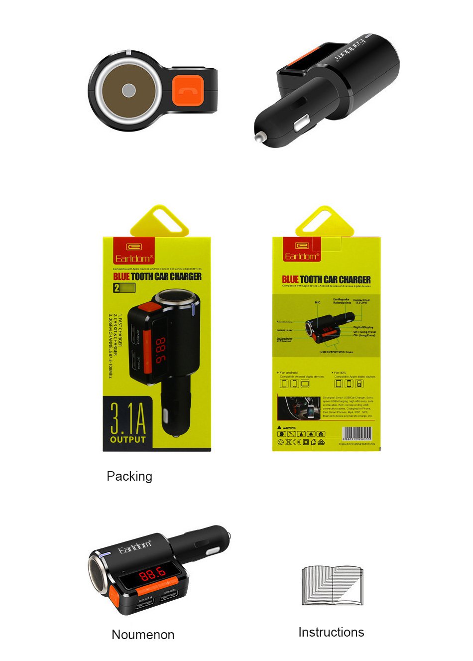 Earldom M10 Dual USB Car Charger Bluetooth Handsfree Call Car MP3 Player FM Transmitter - Black