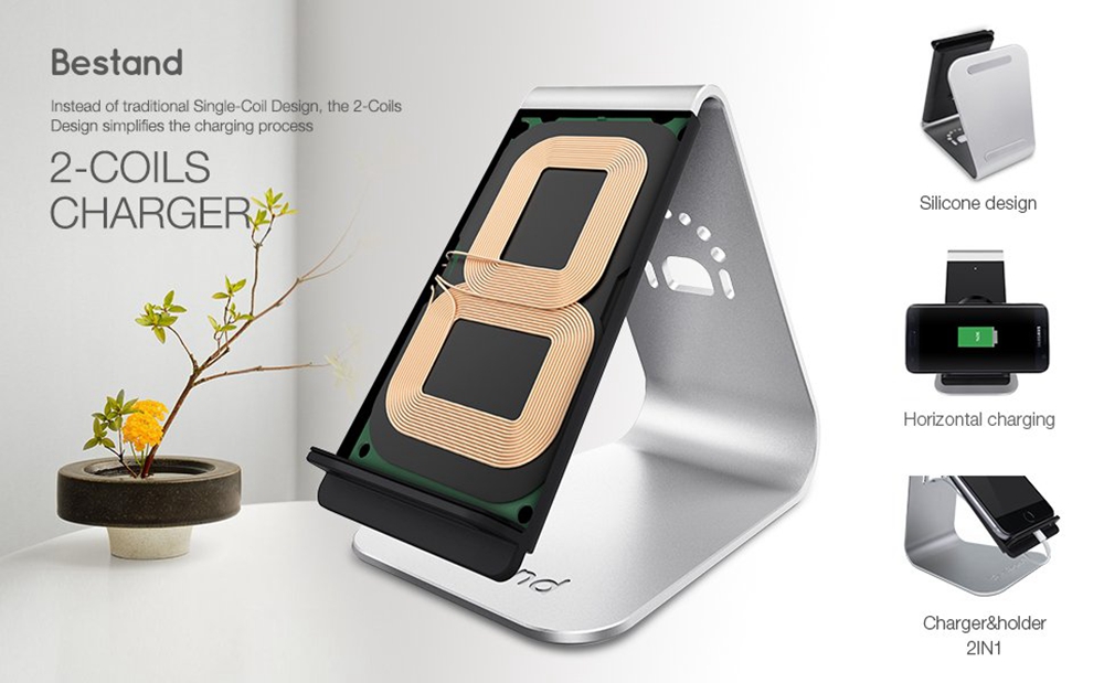 Bestand H03 Mobile Phones QI Wireless Charger Stand 2-coil Design Widely Compatible With Built USB Cable - Silver