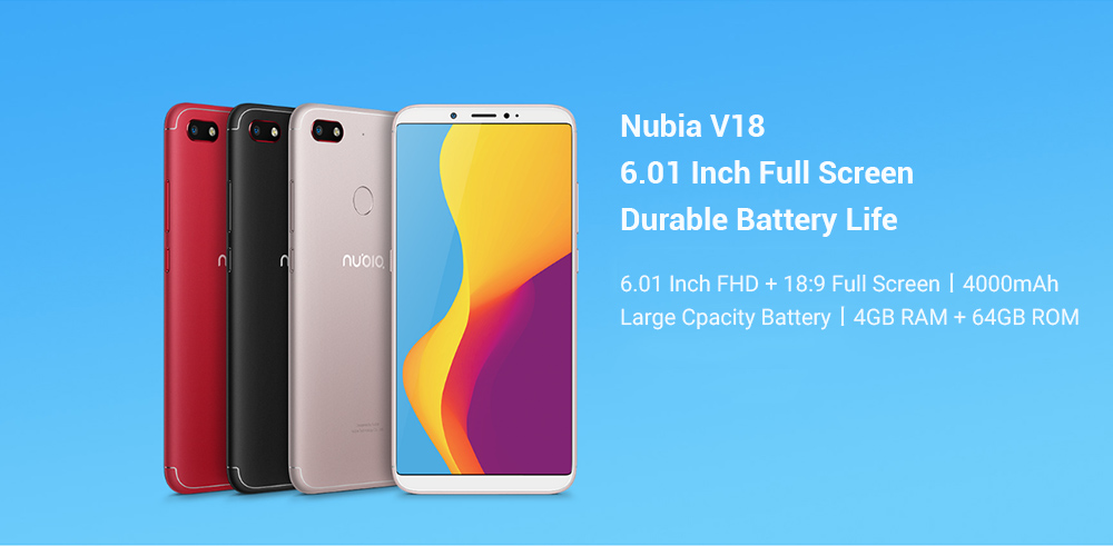 Nubia V18 6.01 Inch 4G LTE Smartphone Snapdragon 625 4GB 64GB 13.0MP Camera Nubia UI 5.1 4000mAh Face ID 18:9 FHD+ Full Screen OTG - Black