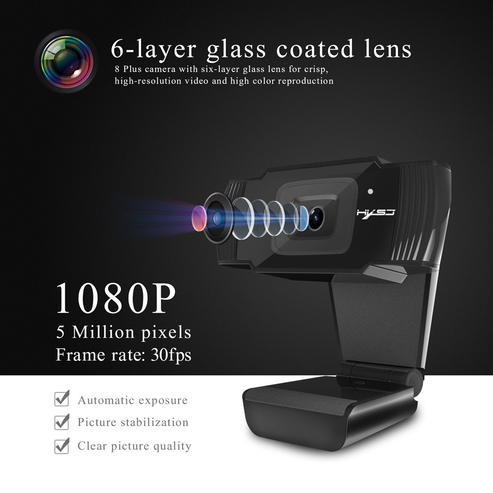 HXSJ S70 1080P HD Webcam USB Widescreen With Built-in Noise Canceling Microphone 5 Million Pixels Adjustable Angle For PC/Laptop - Black