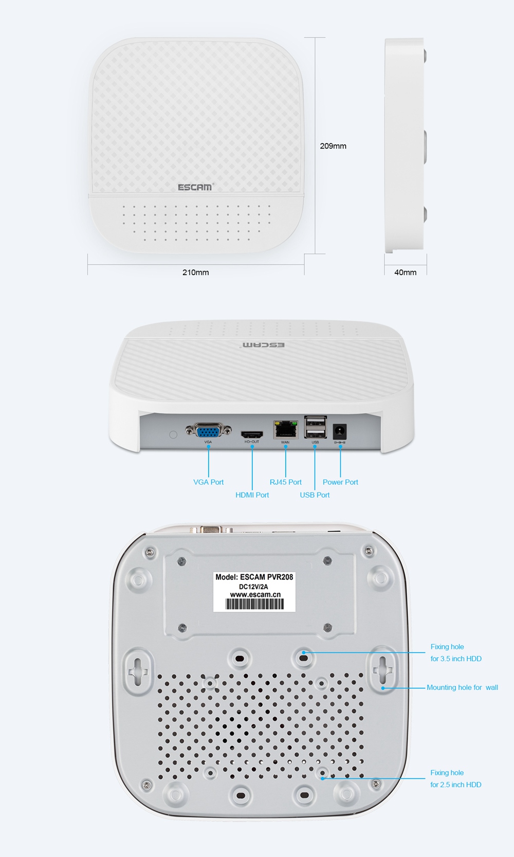 ESCAM PVR208 1080P WiFi IP Camera 8+2CH ONVIF NVR with 2ch Cloud Channel For IP Camera System -White