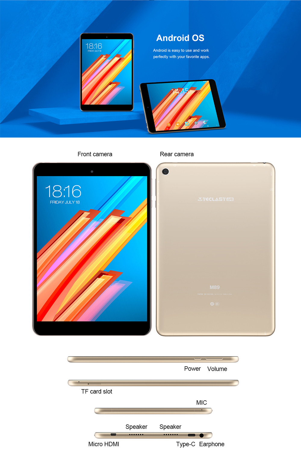 Teclast M89 Tablet PC MT8176 Hexa Core GPS 7.9" IPS Retina Screen 2048*1536 3GB DDR3L 32GB eMMC Android 7.0 - Black+Gold