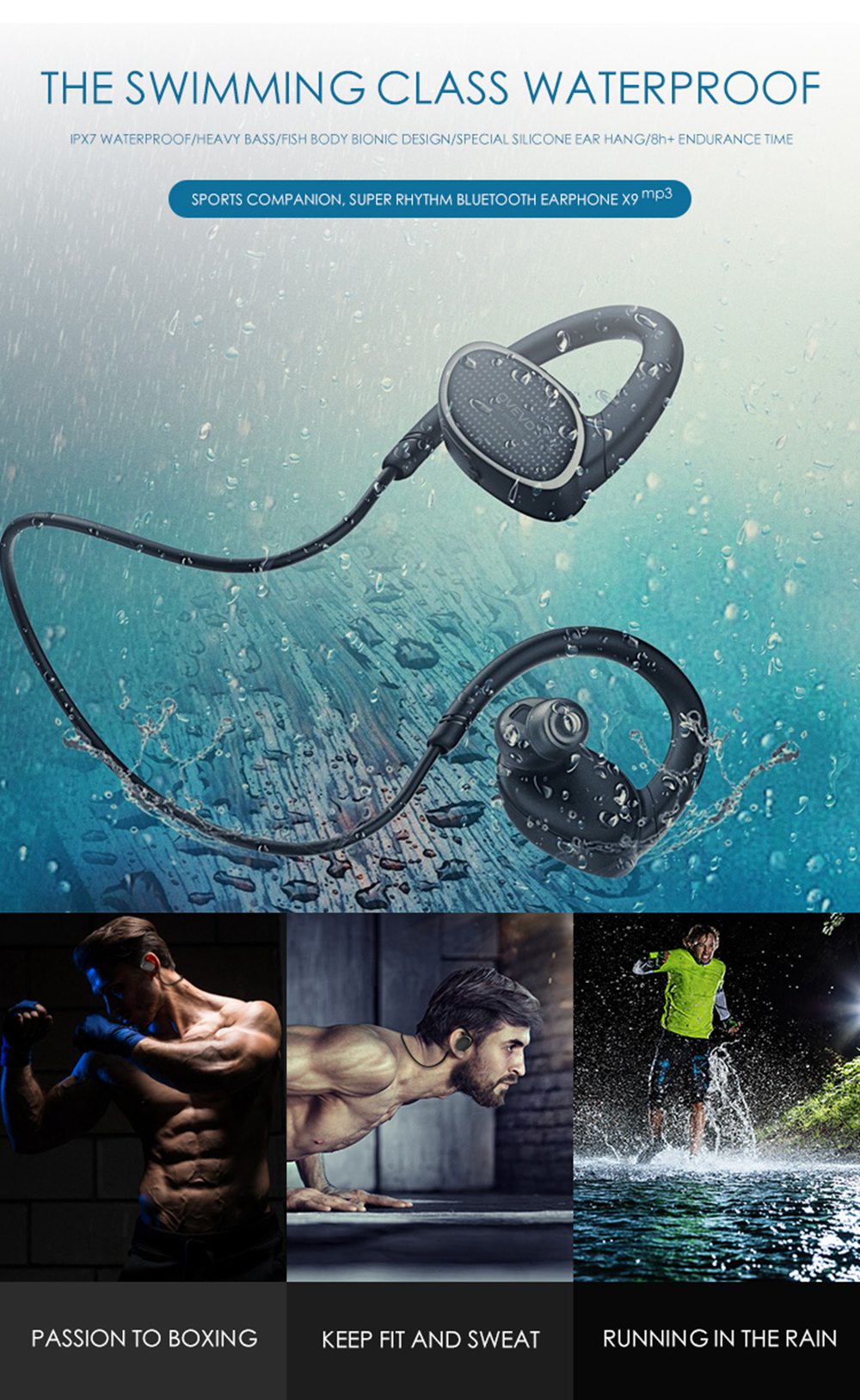 OVEVO X9 Bluetooth 4.2 Earphone HiFi Fish Bionic Swimming Sport Wirless Stereo 8G MP3 Earphones with Mic - Black
