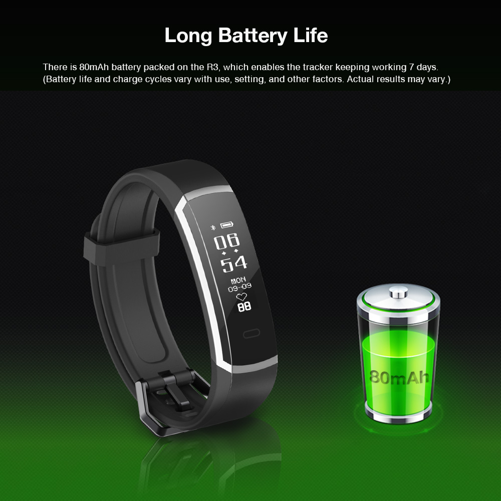 Makibes R3 Smart Bracelet Continuous Heart Rate Monitor Touchscreen IP67 Water Resistant Bluetooth Compatible With IOS Android - Black