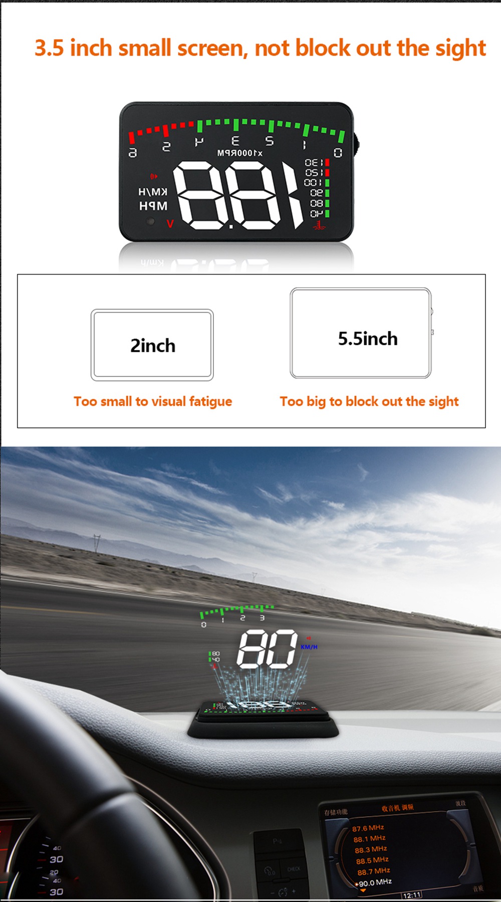 A900 3.5 Inch Car HUD Head-Up Display OBDII Interface Voltage Fuel Speeding Alarm System Multiple Mode Switching Intelligent Digital Instrument - Black