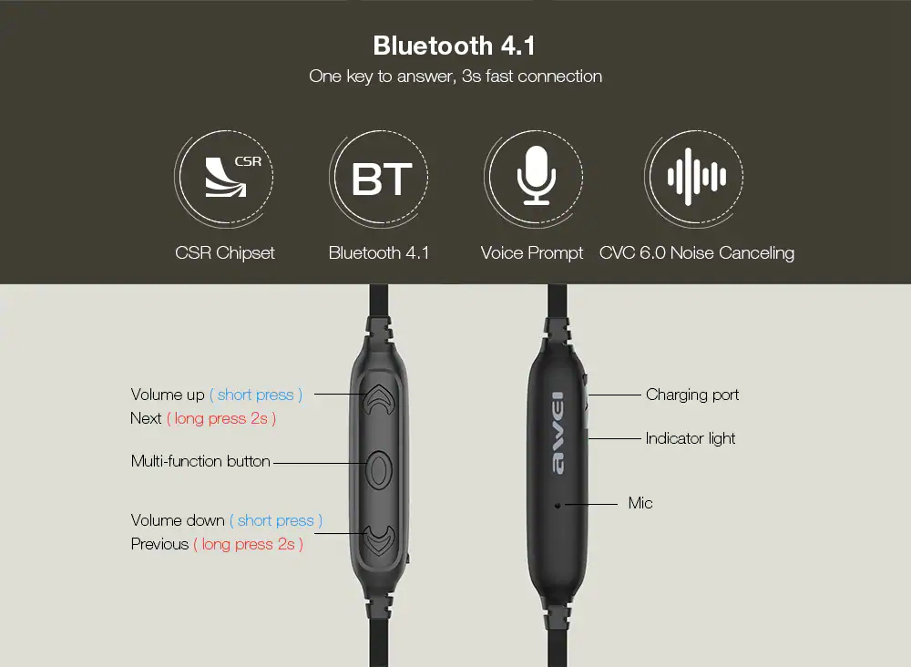 Awei AK8 Headphone Magic Magnet Attraction Bluetooth 4.1 Earphone - Black