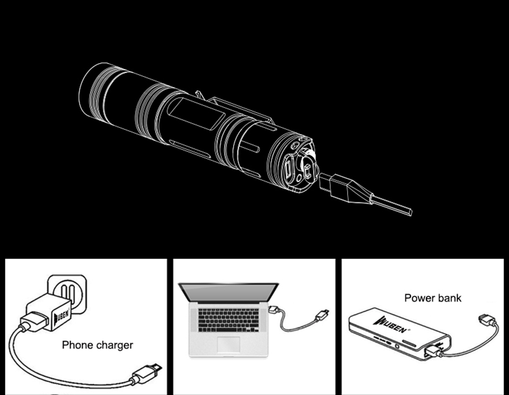 Wuben L50 Torch Outdoor Camping LED Torch 1200 Lumens Hand Lamp IP68 Waterproof Battery USB Rechargeable Long Lasting - Black