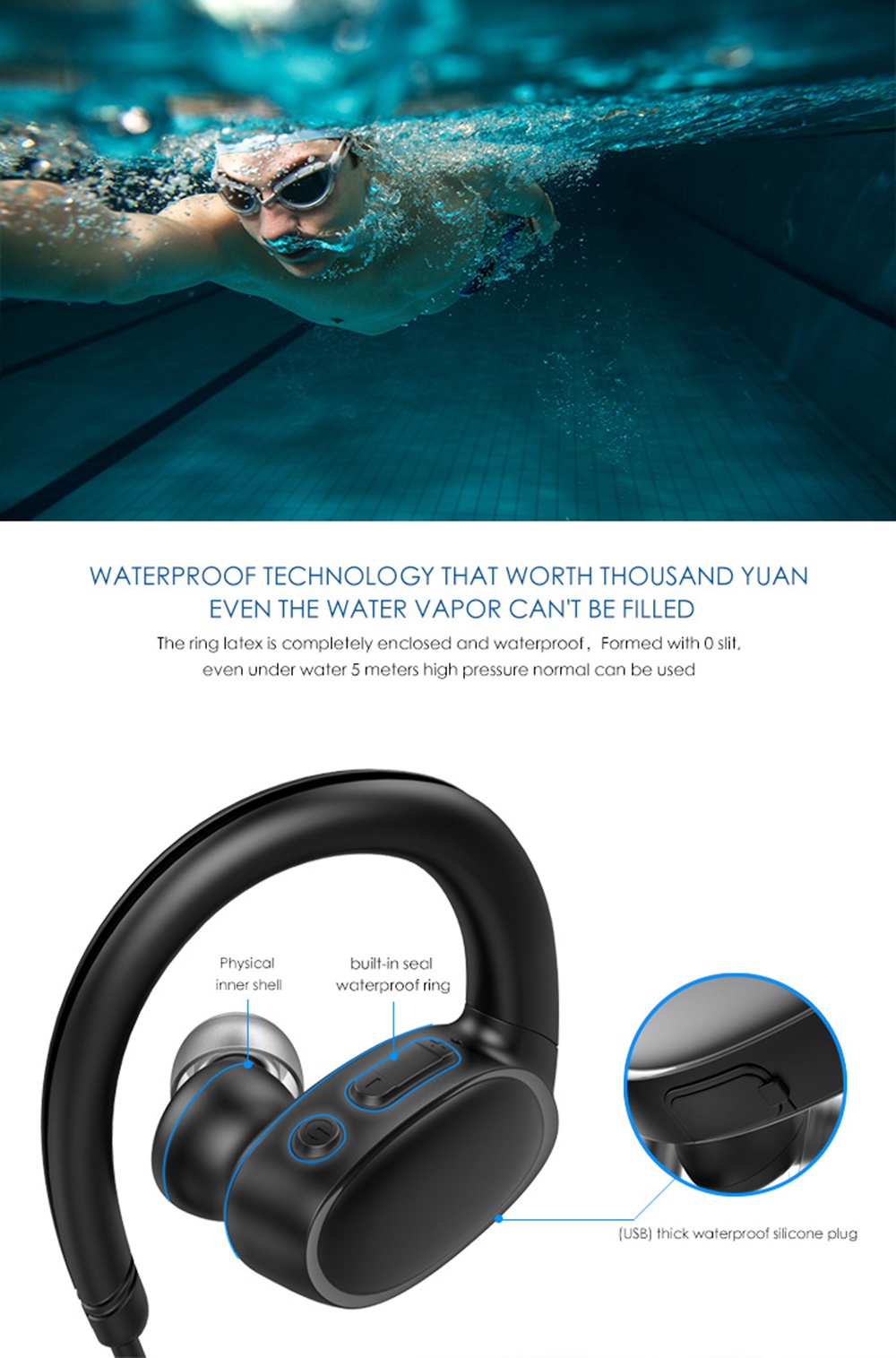 OVEVO X9 Bluetooth 4.2 Earphone HiFi Fish Bionic Swimming Sport Wirless Stereo 8G MP3 Earphones with Mic - Black