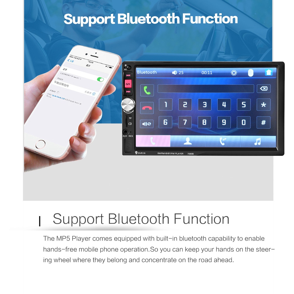 7080B 7 Inch Digital TFT Touch Screen Car Multimedia Player Audio Stereo MP5 Player 1080P Video Format FM function - Black