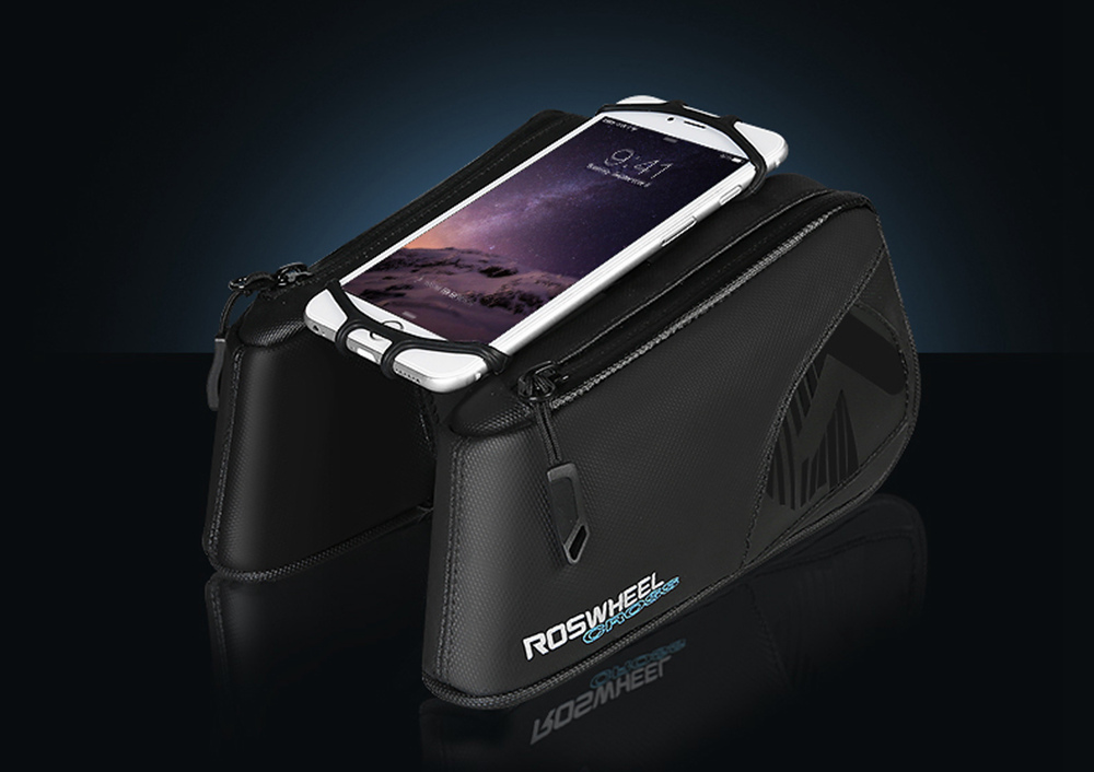Roswheel 121453 Cycling Equipment Bicycle Front Tube Double Pouch Bike Phone Bag 180 Degree Rotation 1680D Tear Resistant Nylon - Black