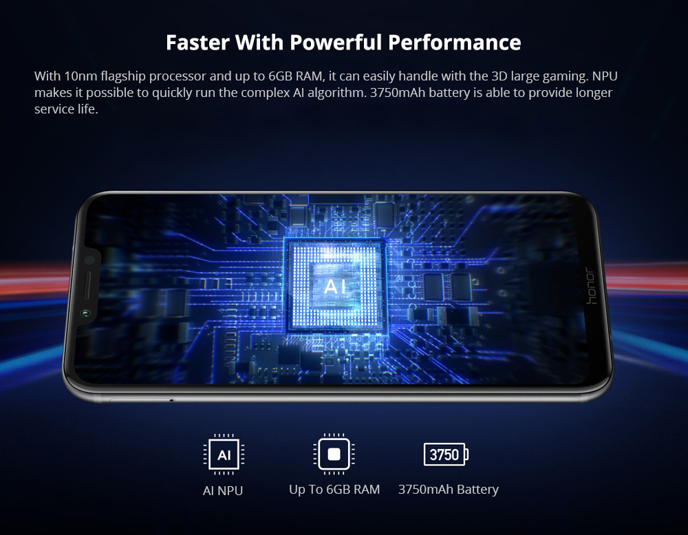 HUAWEI Honor Play 6.3 Inch 4G LTE Smartphone Kirin 970 6GB 64GB 16.0MP+2.0MP Dual Rear Camera Android 8.1 FHD+ Screen 3750mAh OTG Touch ID Type-C - Blue