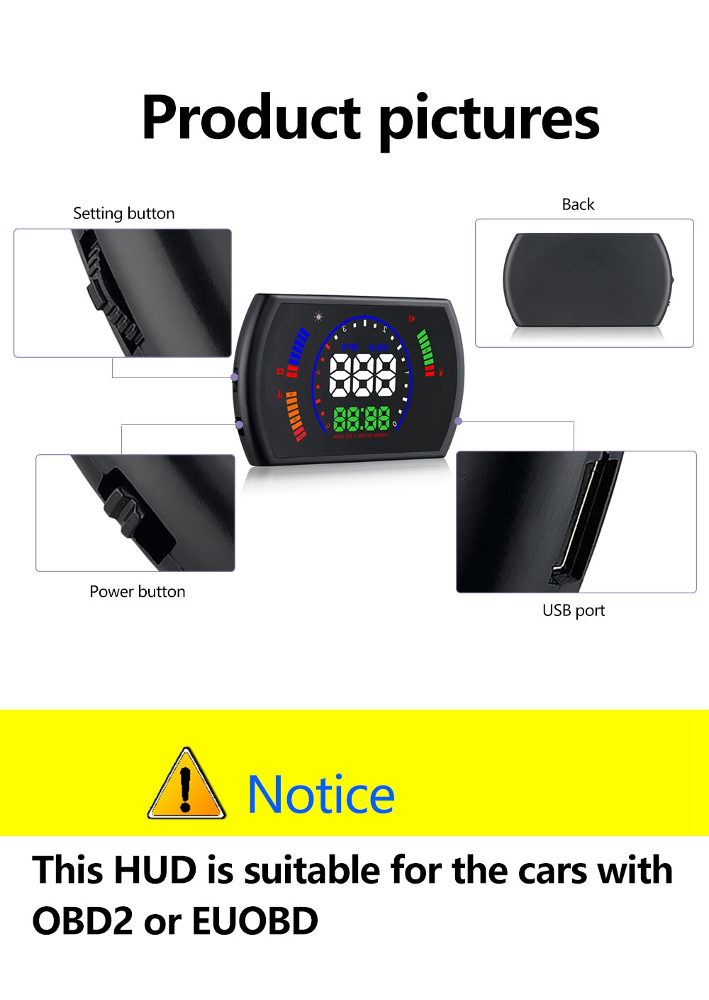 S600 5.8 Inch OBDII Interface Car HUD Head-Up Display Voltage Fuel Speeding Alarm System Multiple Mode Switching - Black