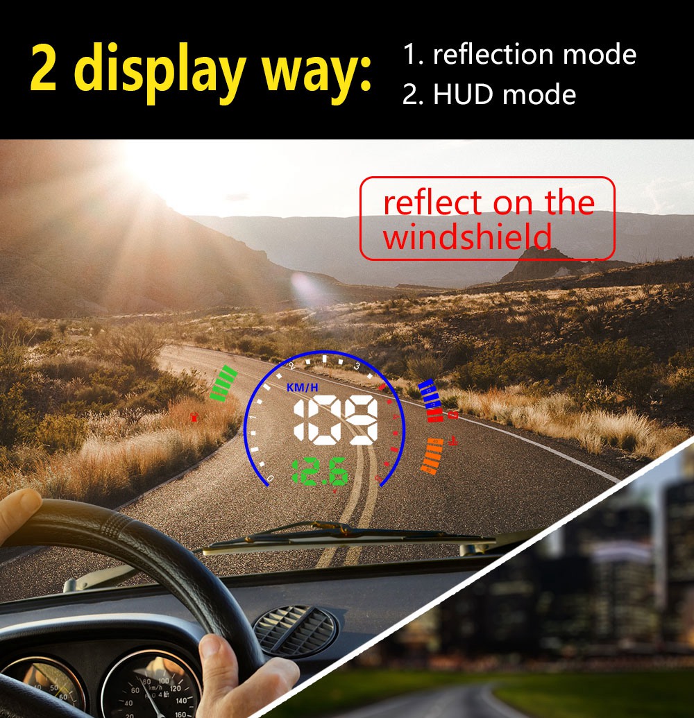 S600 5.8 Inch OBDII Interface Car HUD Head-Up Display Voltage Fuel Speeding Alarm System Multiple Mode Switching - Black