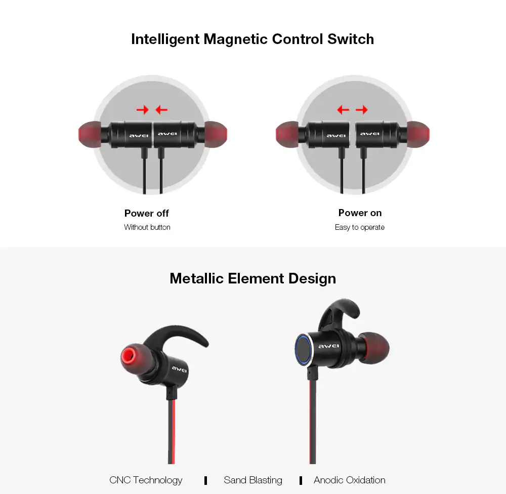 Awei AK8 Headphone Magic Magnet Attraction Bluetooth 4.1 Earphone - Black
