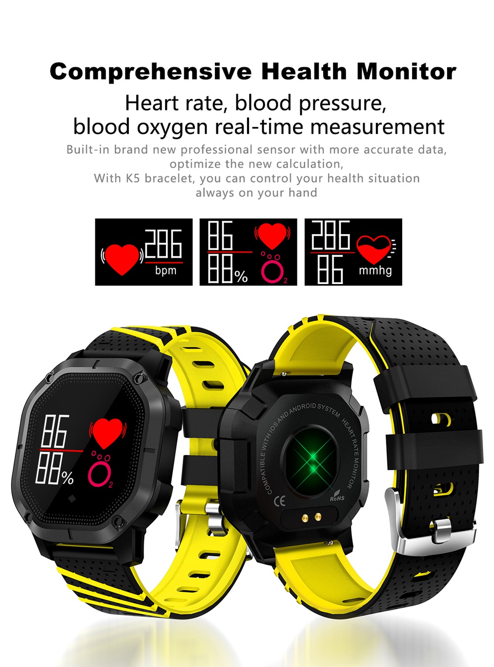 Makibes K5 Smart Bracelet 1" Color Screen Blood Pressure Blood Oxygen Heart Rate Monitor IP68 Water Resistant - Red