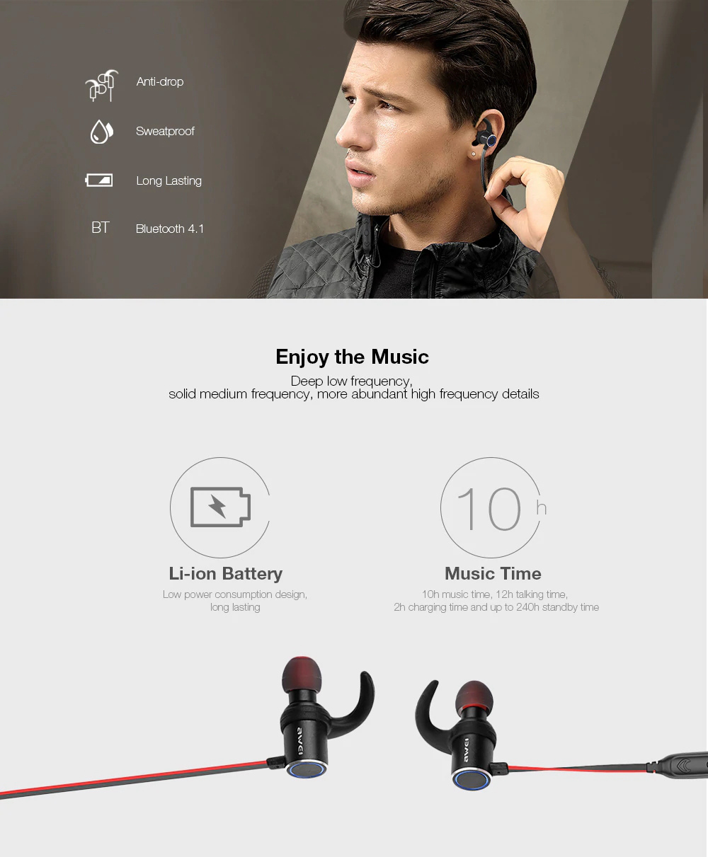 Awei AK8 Headphone Magic Magnet Attraction Bluetooth 4.1 Earphone - Black