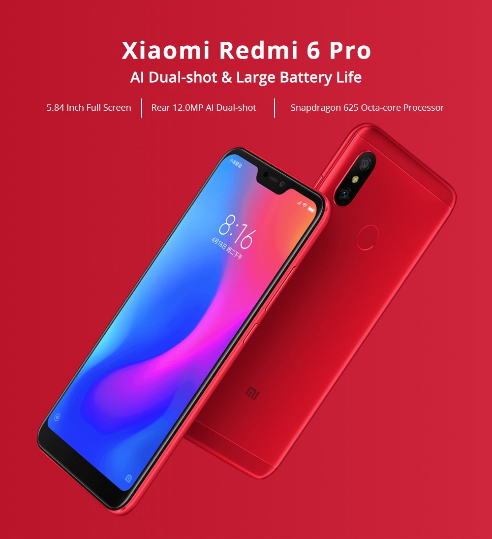 Xiaomi Redmi 6 Pro 5.84 Inch 4G LTE Smartphone Snapdragon 625 3GB 32GB 12.0MP+5.0MP Dual Rear Cameras MIUI 9 4000mAh Touch ID 19:9 FHD+ Screen - Pink
