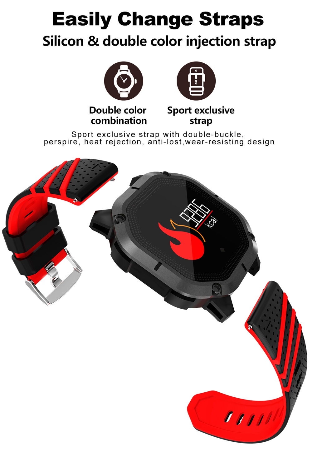 Makibes K5 Smart Bracelet 1" Color Screen Blood Pressure Blood Oxygen Heart Rate Monitor IP68 Water Resistant - Red