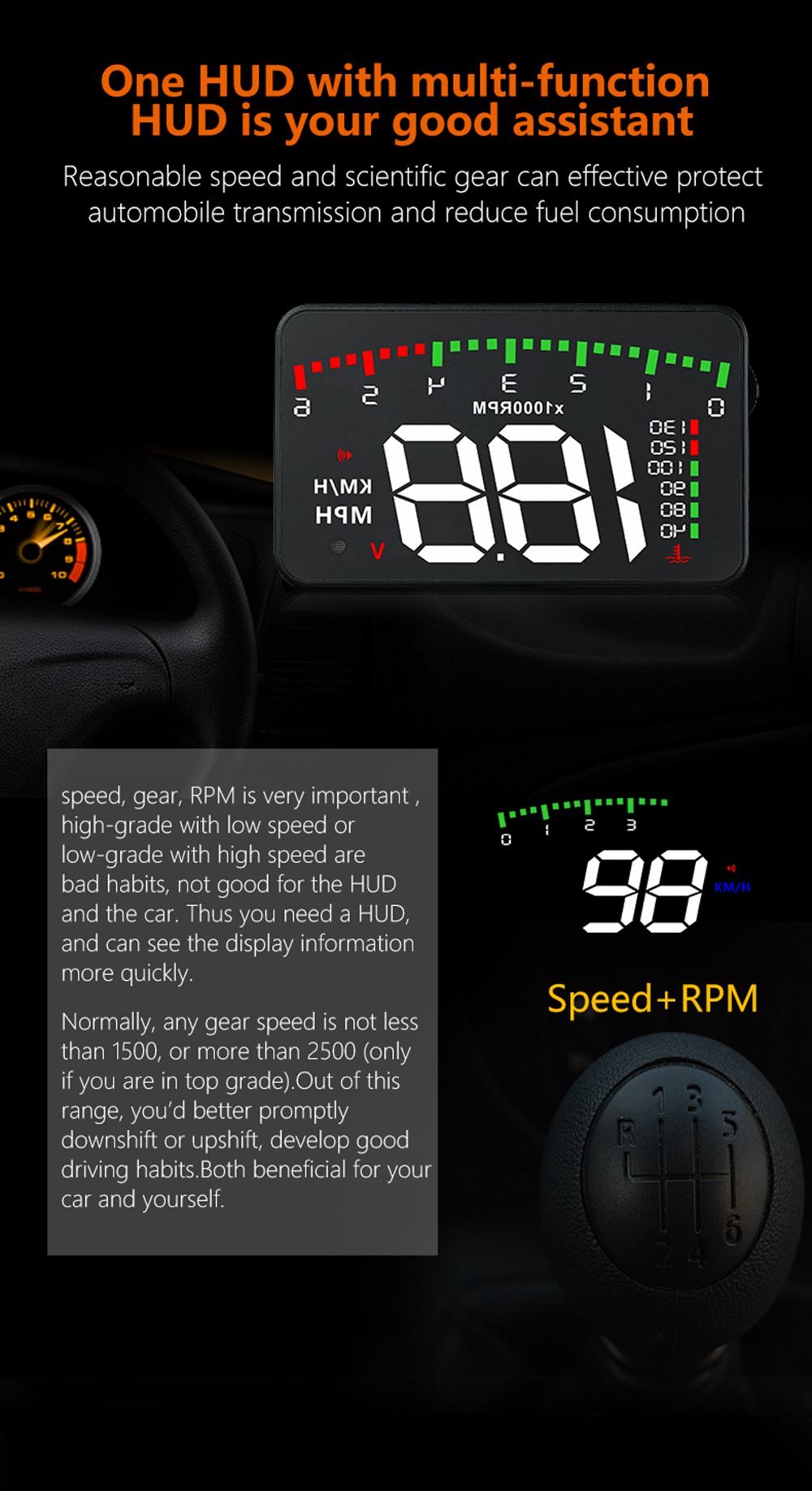 A900 3.5 Inch Car HUD Head-Up Display OBDII Interface Voltage Fuel Speeding Alarm System Multiple Mode Switching Intelligent Digital Instrument - Black