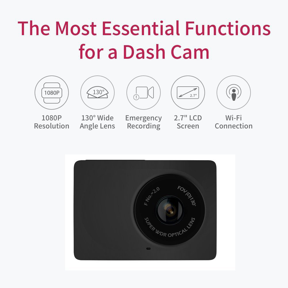 International Version YI Compact Dash Camera 2.7 Inch LCD Screen 1080P Full HD 130 Degree Angle Lens G-Sensor - Black