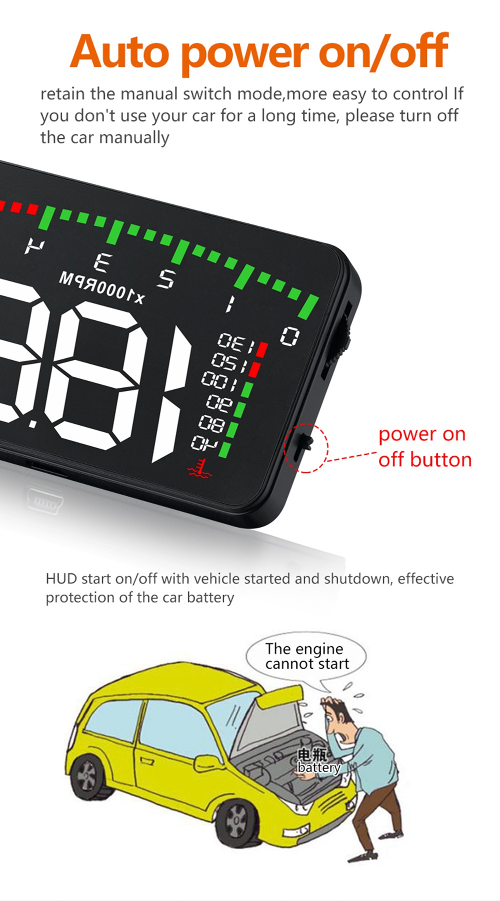 A900 3.5 Inch Car HUD Head-Up Display OBDII Interface Voltage Fuel Speeding Alarm System Multiple Mode Switching Intelligent Digital Instrument - Black