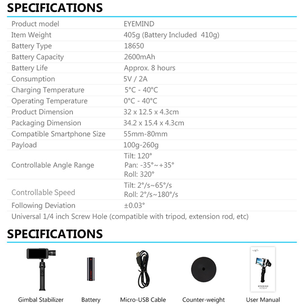 Beyondsky Eyemind 3-Axis Intelligent Handheld Gimbal for Smartphone - Black