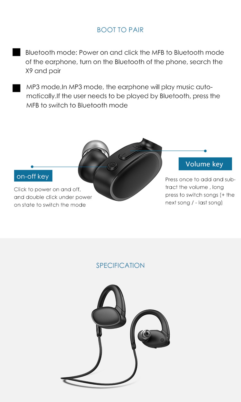 OVEVO X9 Bluetooth 4.2 Earphone HiFi Fish Bionic Swimming Sport Wirless Stereo 8G MP3 Earphones with Mic - Black