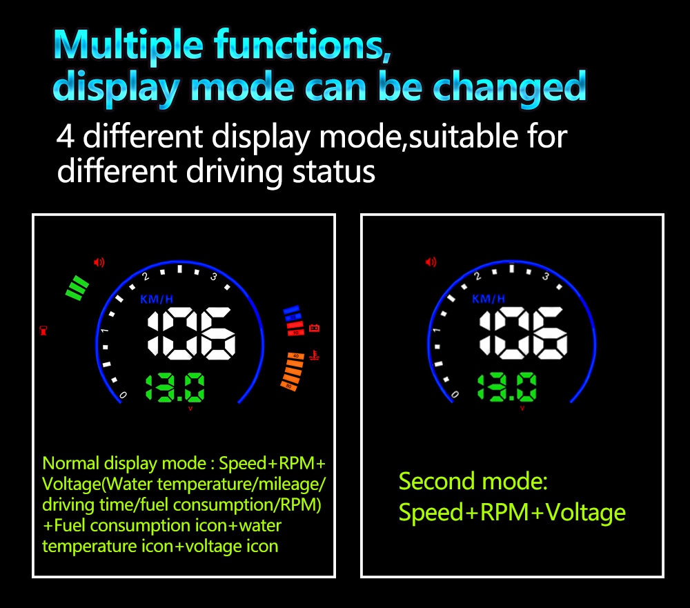 S600 5.8 Inch OBDII Interface Car HUD Head-Up Display Voltage Fuel Speeding Alarm System Multiple Mode Switching - Black