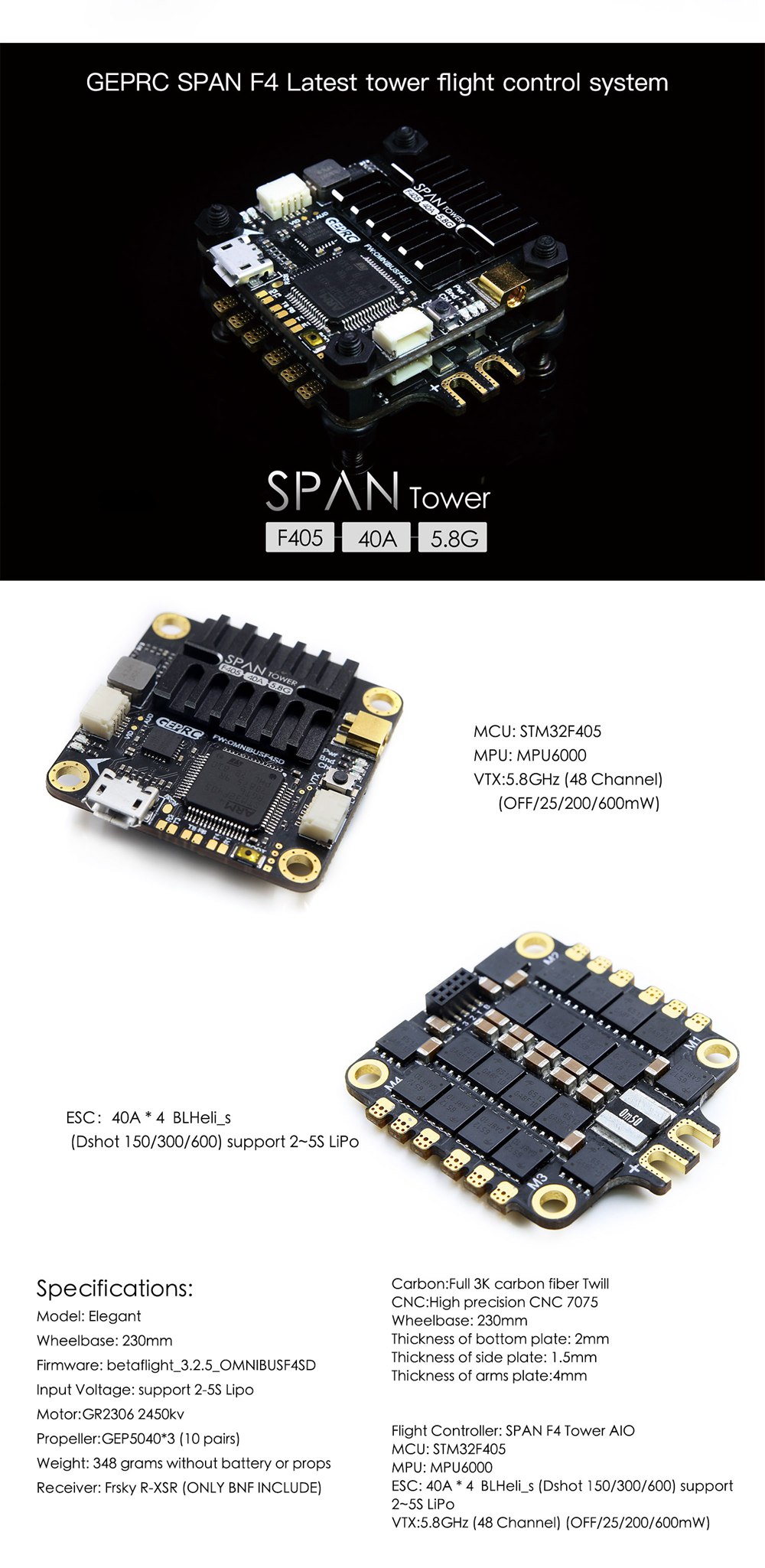 GEPRC Elegant 230mm FPV Racing Drone SPAN F4 FC AIO BLHeli_s 2-5S 40A Dshot600 ESC 5.8G 48CH VTX - PNP