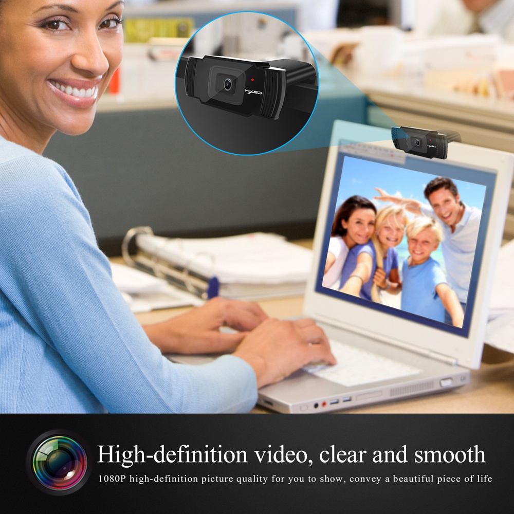HXSJ S70 1080P HD Webcam USB Widescreen With Built-in Noise Canceling Microphone 5 Million Pixels Adjustable Angle For PC/Laptop - Black