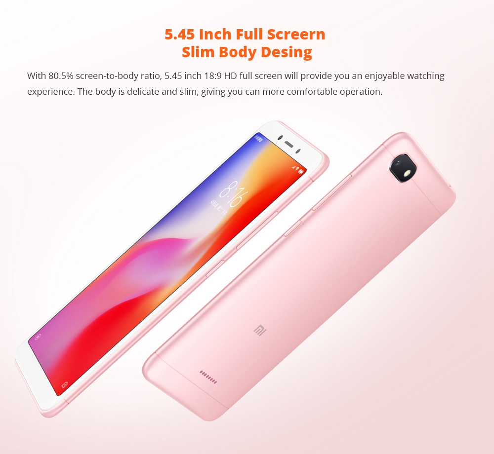 Xiaomi Redmi 6A 5.45 Inch 4G LTE Smartphone MTK Helio A22 2GB 16GB 13.0MP Camera MIUI 9 OS 18:9 Screen AI Face Unlock - Pink