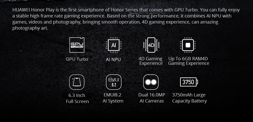 HUAWEI Honor Play 6.3 Inch 4G LTE Smartphone Kirin 970 6GB 64GB 16.0MP+2.0MP Dual Rear Camera Android 8.1 FHD+ Screen 3750mAh OTG Touch ID Type-C - Blue