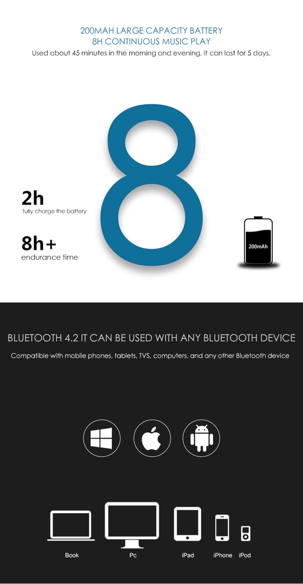 OVEVO X9 Bluetooth 4.2 Earphone HiFi Fish Bionic Swimming Sport Wirless Stereo 8G MP3 Earphones with Mic - Black