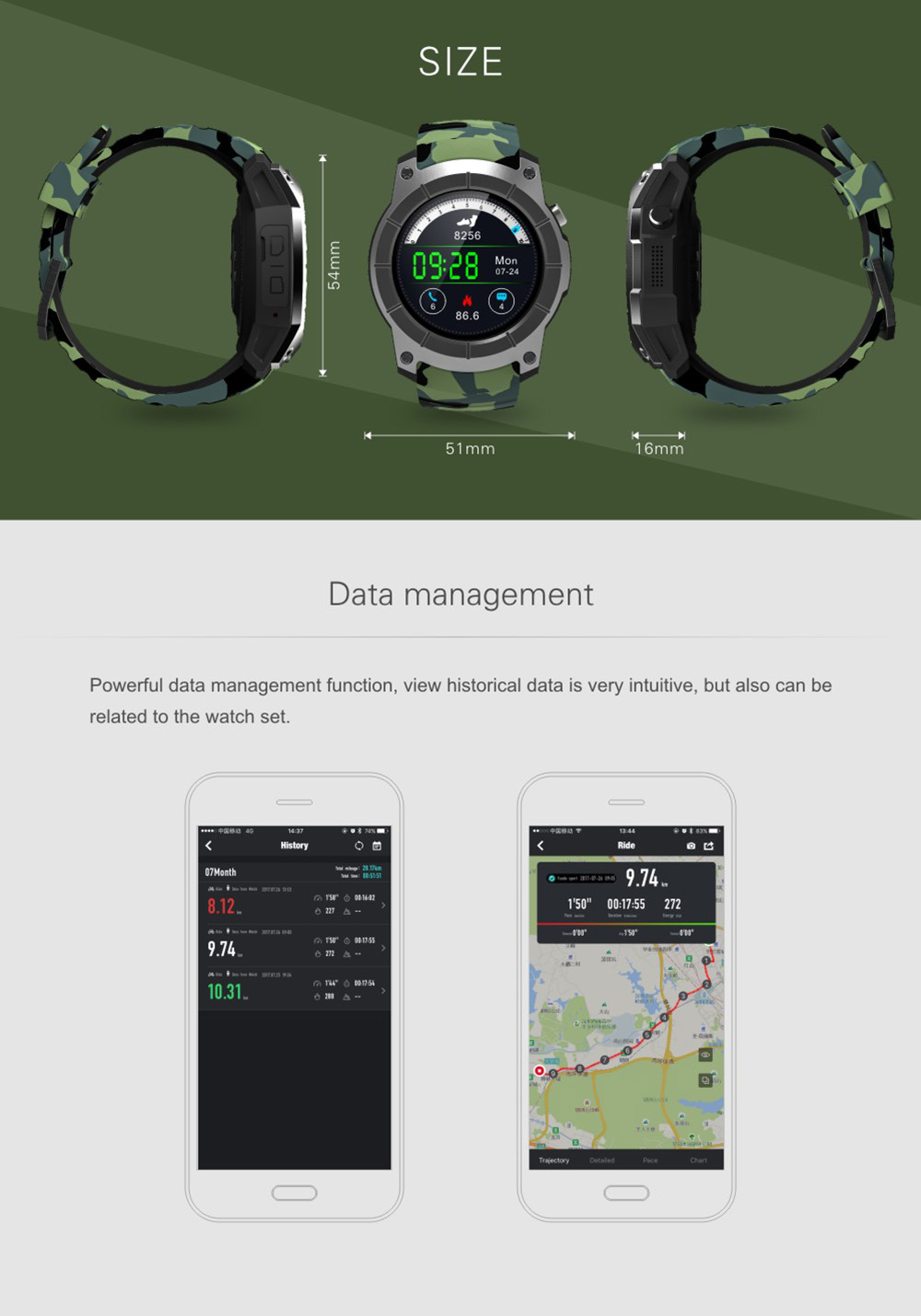 Makibes G05 Smartwatch Phone GPS Bluetooth MTK2503 32GB TF Card SMS Reminder Multi-mode Sports Compatible with iOS Android - Camouflage Green